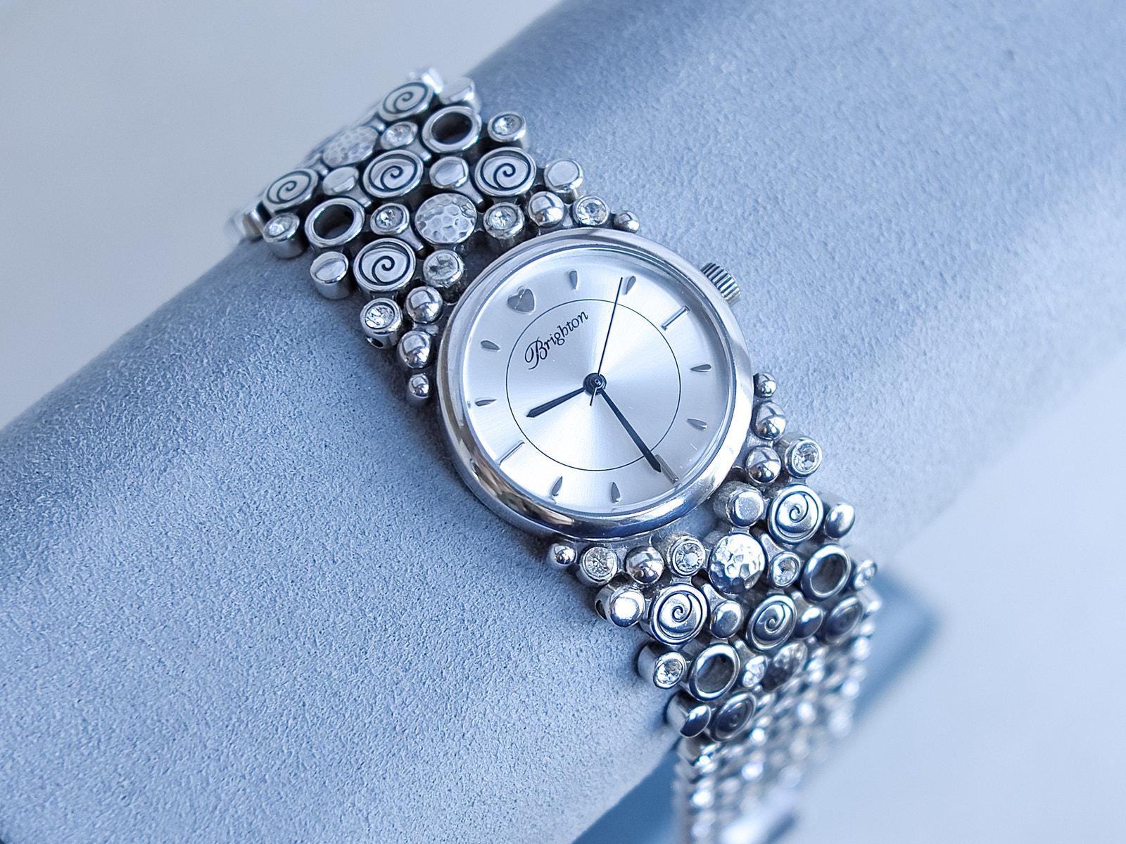 Brighton Joliet Watch Silver Plated Pebbled Mesh Band Rhinestone 
