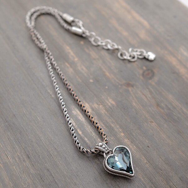 Brighton Bibi Heart Necklace Reversible Pendant Blue Crystal Vintage **READ