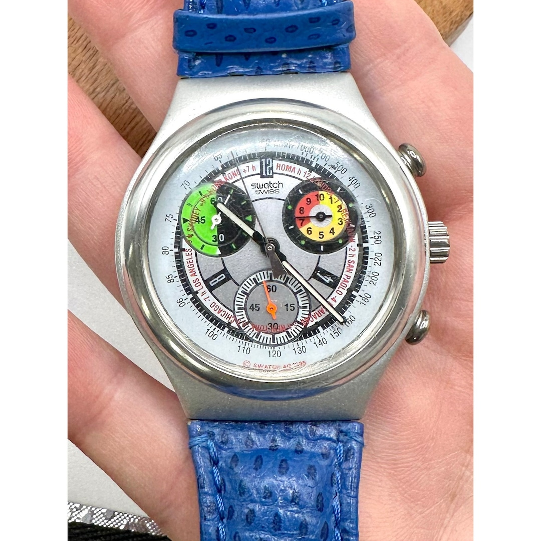 Vintage 1995 Swatch Irony Chronograph YCS1002 Blue Leather Etsy