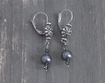 Brighton Grey Pearl Drop Dangle Earrings Level Back Vintage Retired Silver Plate