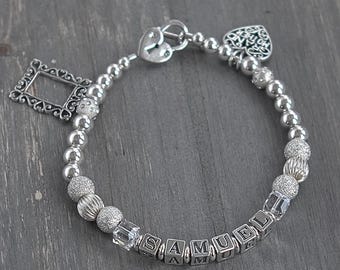 Sterling Silver Grandmother Name Bracelet | SAMUEL Letter Beads | Photo Frame Charm | Toggle Clasp 925