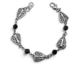 Brighton Filigree Heart Black Bead Silver Plated Bracelet Fits 7.25" Wrist