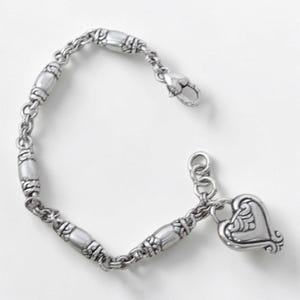 Vintage Brighton Blaire Brushed Silver Barrel Link Bracelet Dangling Heart Charm image 1