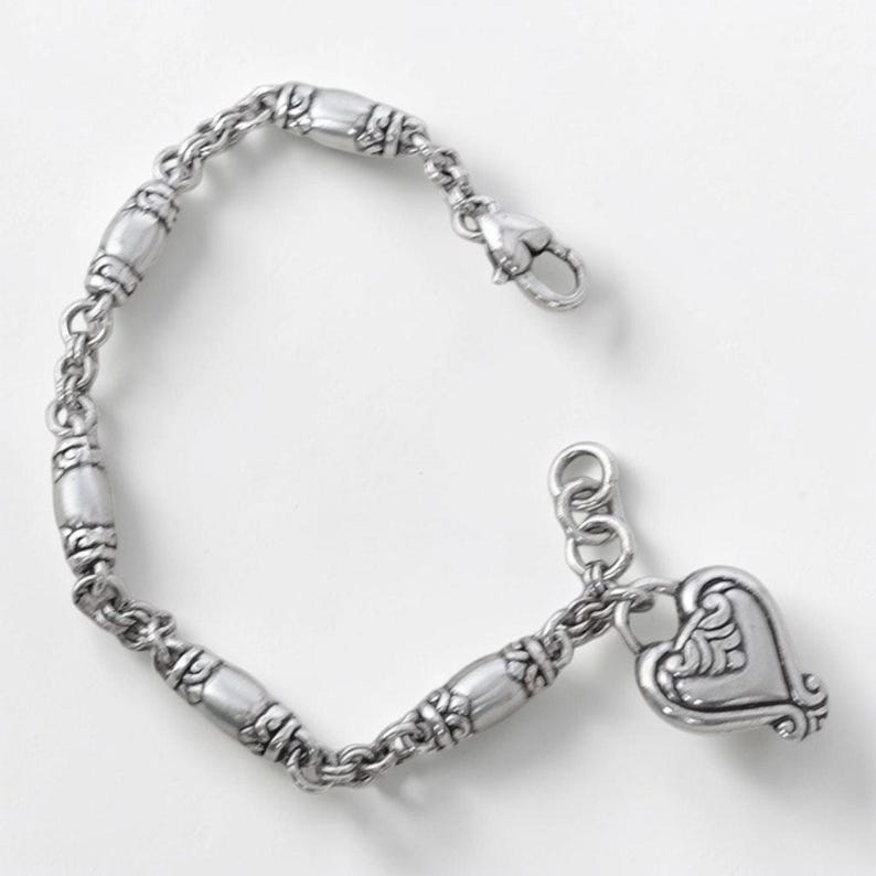 Vintage Brighton Blaire Brushed Silver Barrel Link Bracelet Dangling Heart Charm image 1