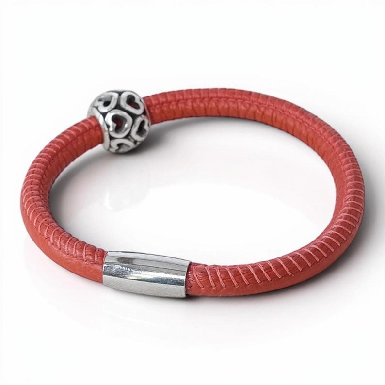 Brighton Woodstock Single Leather Bracelet Brick Orange Magnetic Heart Charm 8" image 1