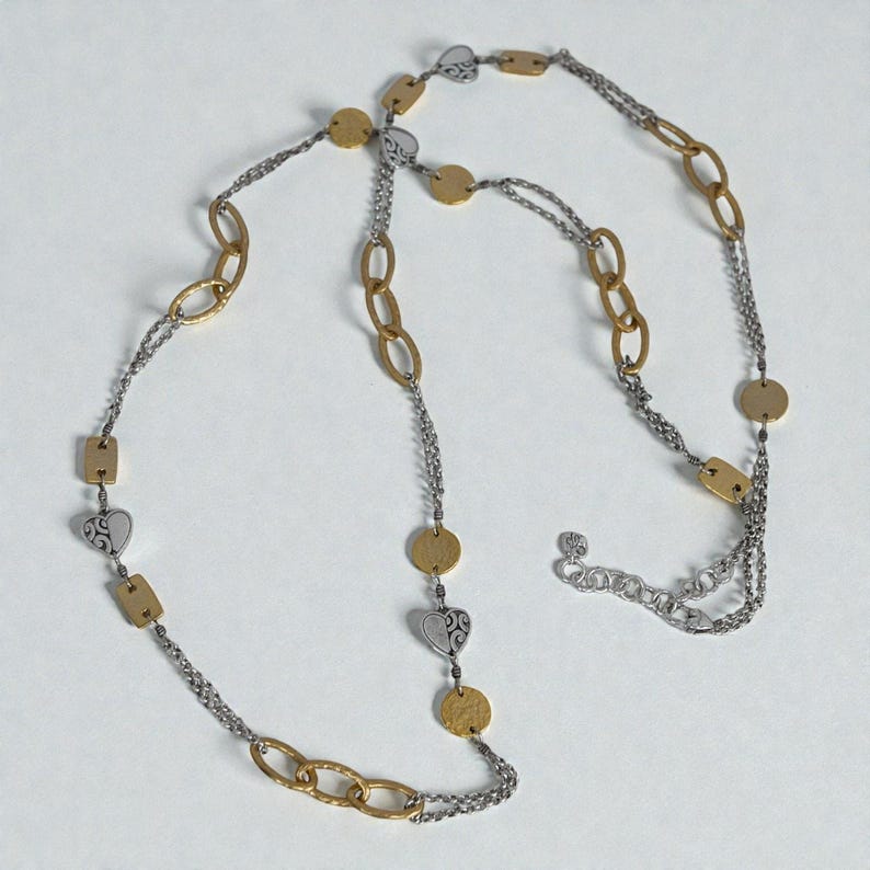 Brighton Look Of Love Long Chain Necklace Two Tone Gold Silver Art Deco Retired image 4