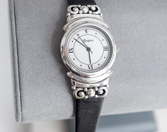 Brighton Lafayette Watch: Silver Plated, Black Leather Band, 7" Wrist