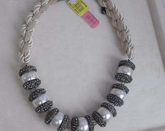 Vintage Ann Taylor Chunky Necklace Faux Pearl Beads Satin Cord 20" Brand New