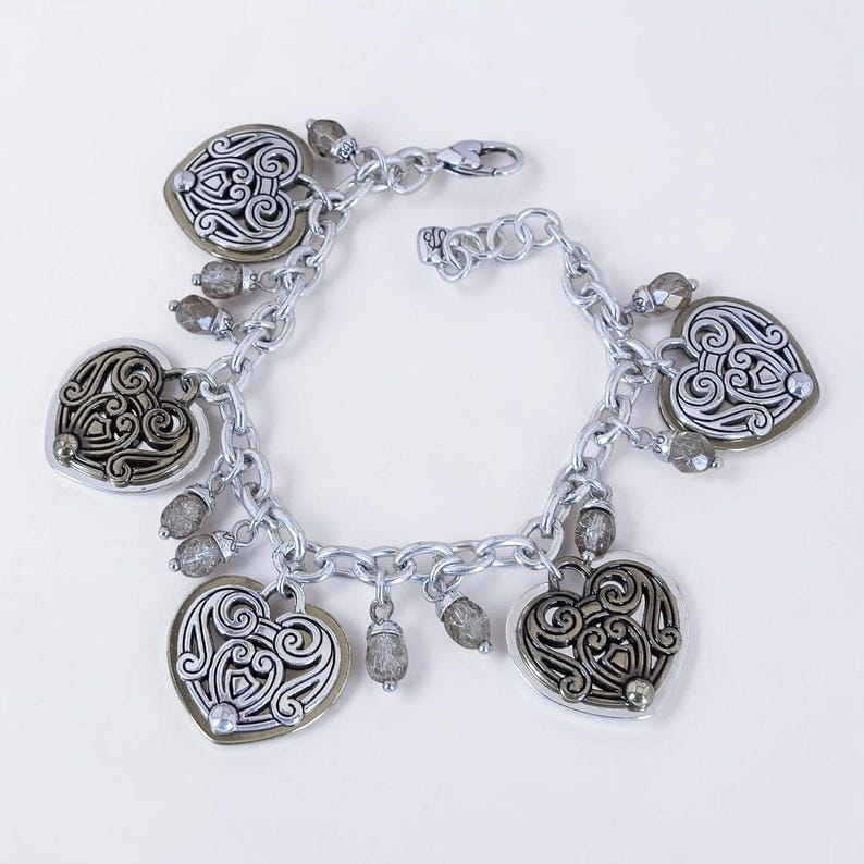 Brighton Loves Crest Charm Bracelet Crystal Beads Two Tone Bronze Silver Retired image 3