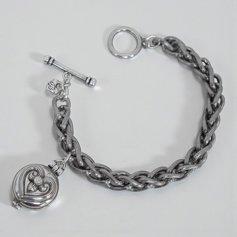Brighton Healing Heart Silver Locket Bracelet Toggle Clasp Clear Crystal Retired image 1