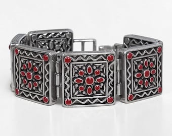 Vintage Brighton Square Link Panel Filigree Red Enamel Bracelet Rare Retired