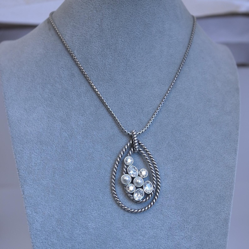 Brighton Monte Carlo Teardrop Pendant Necklace Silver Crystal Pearl Retired image 2