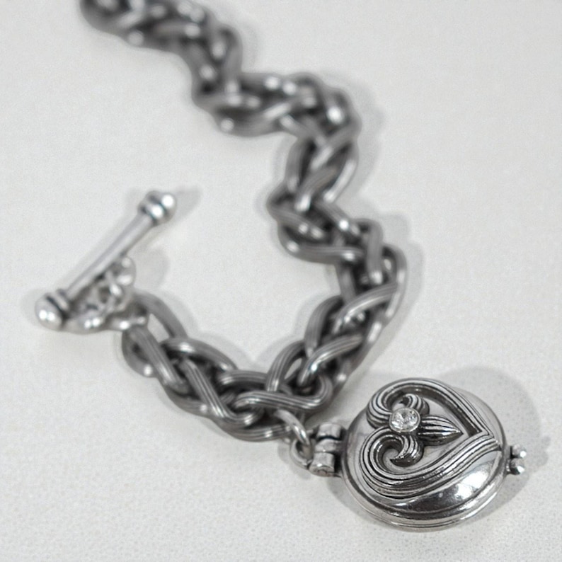 Brighton Healing Heart Silver Locket Bracelet Toggle Clasp Clear Crystal Retired image 3