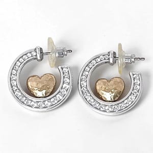 Brighton Rare Gold Heart Two Tone Hoop Earrings Hammered Crystal 1 Inch Post image 4