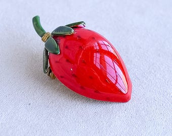 Original By Robert Strawberry Brooch Red Green Enamel Fruit Pin 2" Vintage