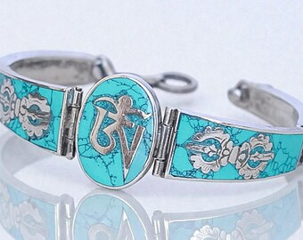 Vintage Sterling Silver 925 Tibetan Om Turquoise Inlay Bracelet 6.5" 24g