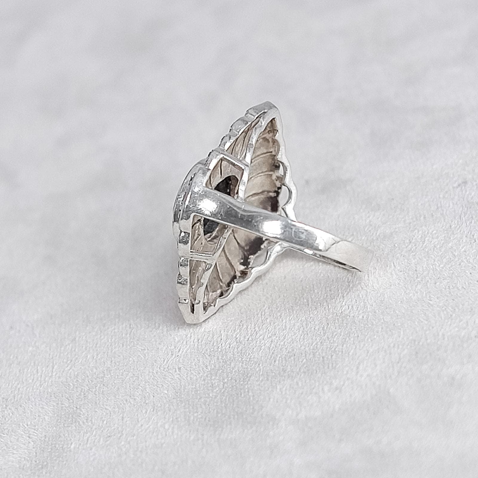 Bague Argent Massif Ovale Onyx Et Marcassites - Taille 58, Style Marquise Ajourée, Occasion