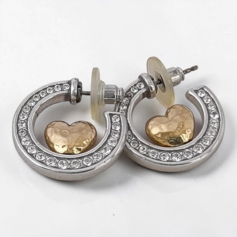 Brighton Rare Gold Heart Two Tone Hoop Earrings Hammered Crystal 1 Inch Post image 1