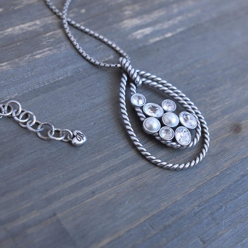 Brighton Monte Carlo Teardrop Pendant Necklace Silver Crystal Pearl Retired image 3