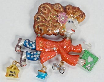 Vintage 2003 Karen Rossi Book Lover Flying Lady Enamel Brooch Gold Tone Charm