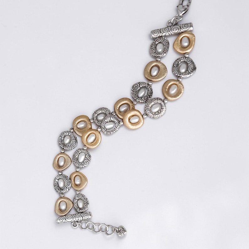 Brighton Satori Retired Two Tone Pearl Two Strand Bracelet Gold Silver Plated image 1
