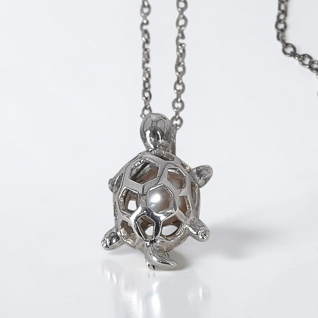 Turtle Locket Vintage Sterling Silver Turtle Locket Pendant Necklace Cultured Pearl ...