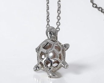 Vintage Sterling Silver Turtle Locket Pendant Necklace Cultured Pearl 18" 4.3g