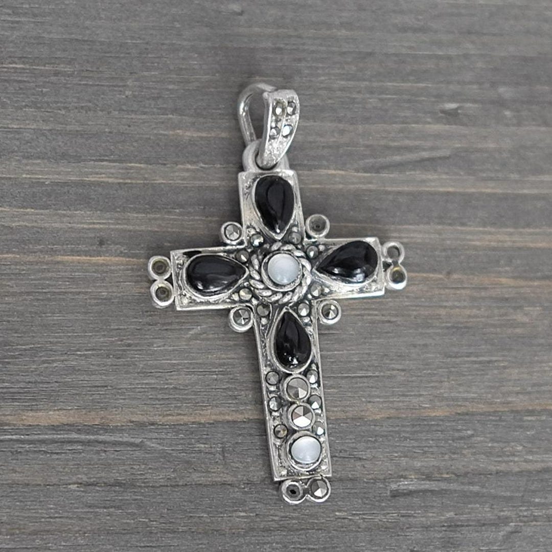 Vintage Sterling Silver 925 Cross Pendant With Onyx Moonstone Marcasite ...