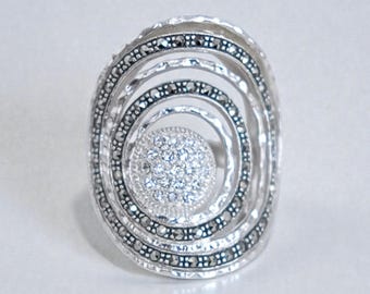 Vintage Sterling Silver Moissanite Marcasite Ring Spiral Statement Chunky