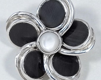 Vintage Sterling Silver 925 Onyx Abalone Daisy Flower Ring Adjustable 6.75+
