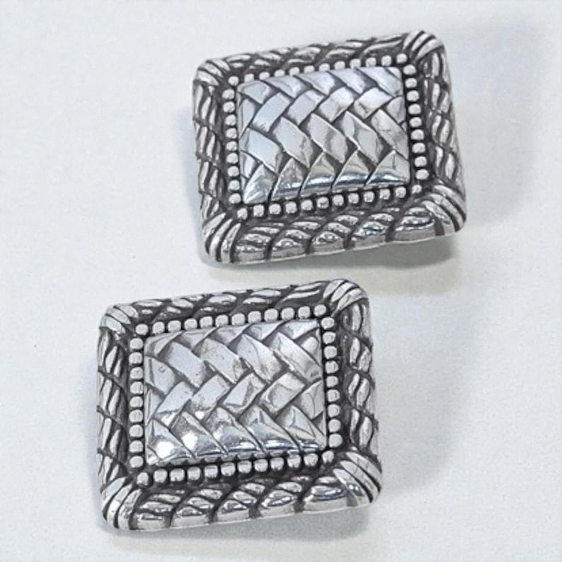 Vintage Brighton Rectangular Clip On Earrings Woven Pattern Silver Plated Rare image 3