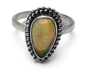 Sterling Silver 925 Aurora Opal Pear Shape Granulated Bezel Ring Size 9 4.4g