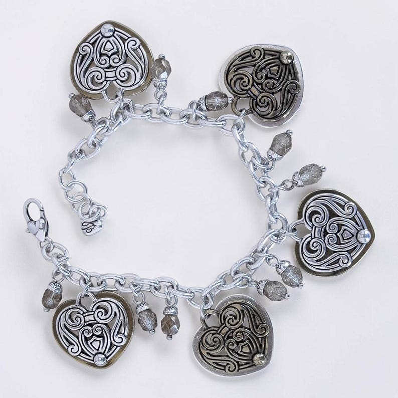 Brighton Loves Crest Charm Bracelet Crystal Beads Two Tone Bronze Silver Retired image 1