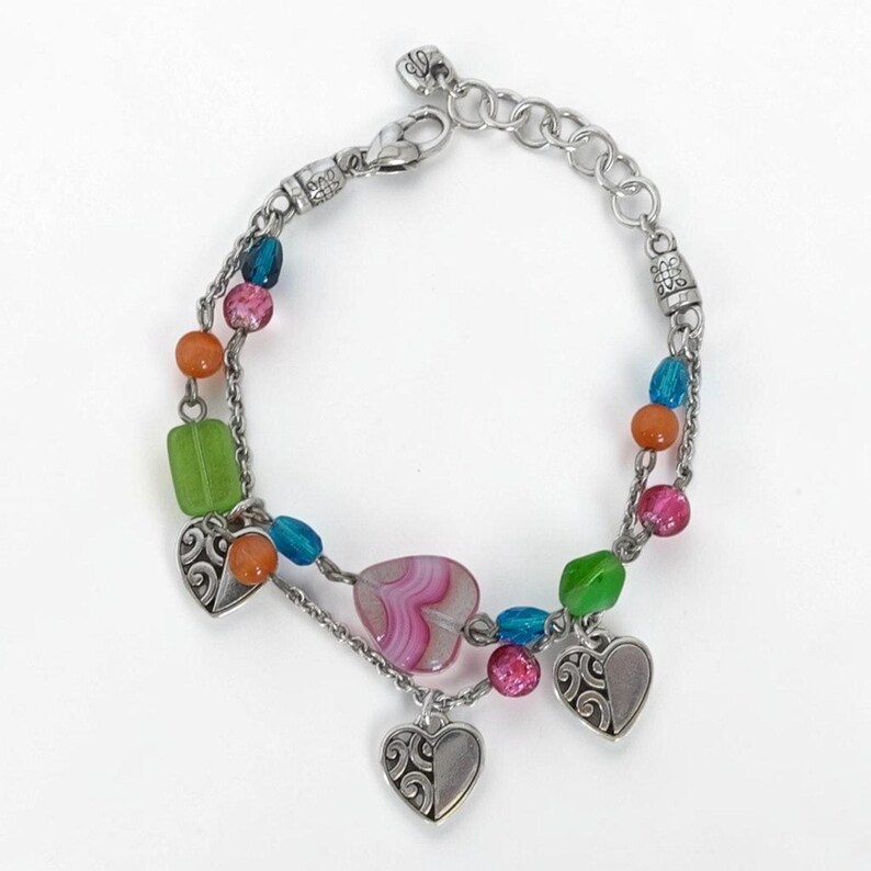 Brighton Deco Bright Double Chain Bracelet Pastel Art Glass Beads Heart Retired image 4