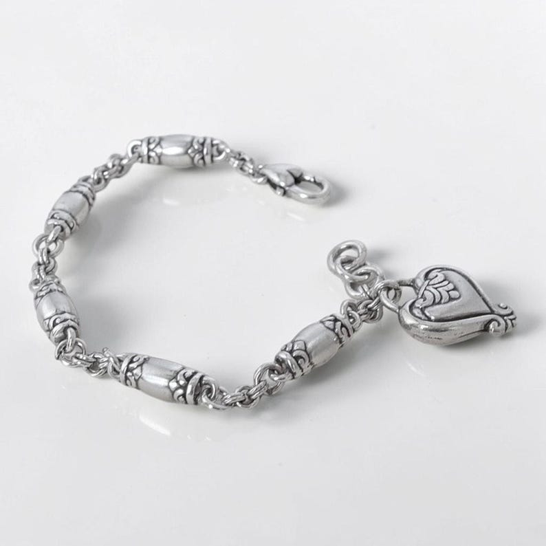 Vintage Brighton Blaire Brushed Silver Barrel Link Bracelet Dangling Heart Charm image 5