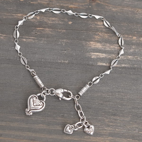 Brighton Blaire Ankle Bracelet Anklet Heart Charm Silver Plated Retired 9-10"