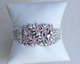 Vintage Brighton Love Bouquet Bracelet: Pink Enamel Flower, Rhinestone 7"