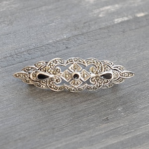 Vintage Marcasite Sterling Silver Bar Brooch Pin Black Enamel Accents Art Deco