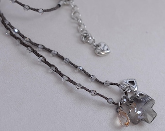 Brighton KARMA Braided Cord Beaded Charm Necklace Brown Smoky Grey Crystal 18"