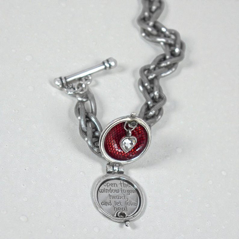 Brighton Healing Heart Silver Locket Bracelet Toggle Clasp Clear Crystal Retired image 5