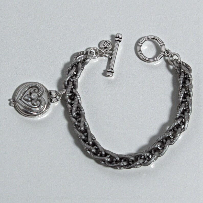 Brighton Healing Heart Silver Locket Bracelet Toggle Clasp Clear Crystal Retired image 2