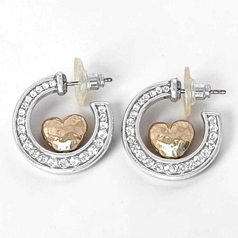 Brighton Rare Gold Heart Two Tone Hoop Earrings Hammered Crystal 1 Inch Post image 5