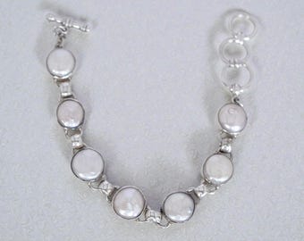 Starborn Creations Coin Pearl Tennis Bracelet Sterling Silver Vintage 7-8" 29g