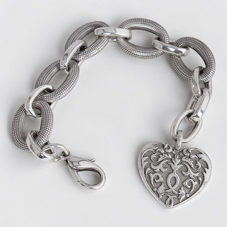 Brighton Cordoba Chunky Heart Charm Bracelet Textured Chain Links 8 Inch image 1
