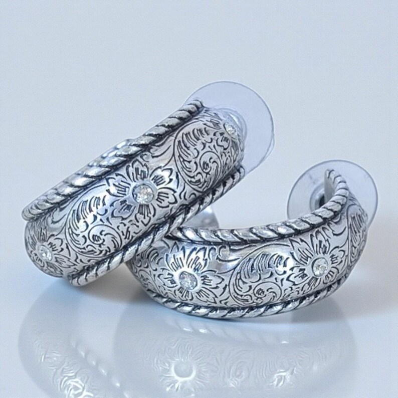 Brighton Alameda Hoop Earrings Etched Floral Rhinestone Woven Edge Post Retired image 6