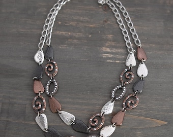 Brighton Melange Layered Necklace: Silver & Bronze Tone, Hammered Finish
