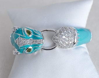 Vintage NOIR Panther Clamper Bracelet: Blue Enamel, Rhinestone Statement Jewelry