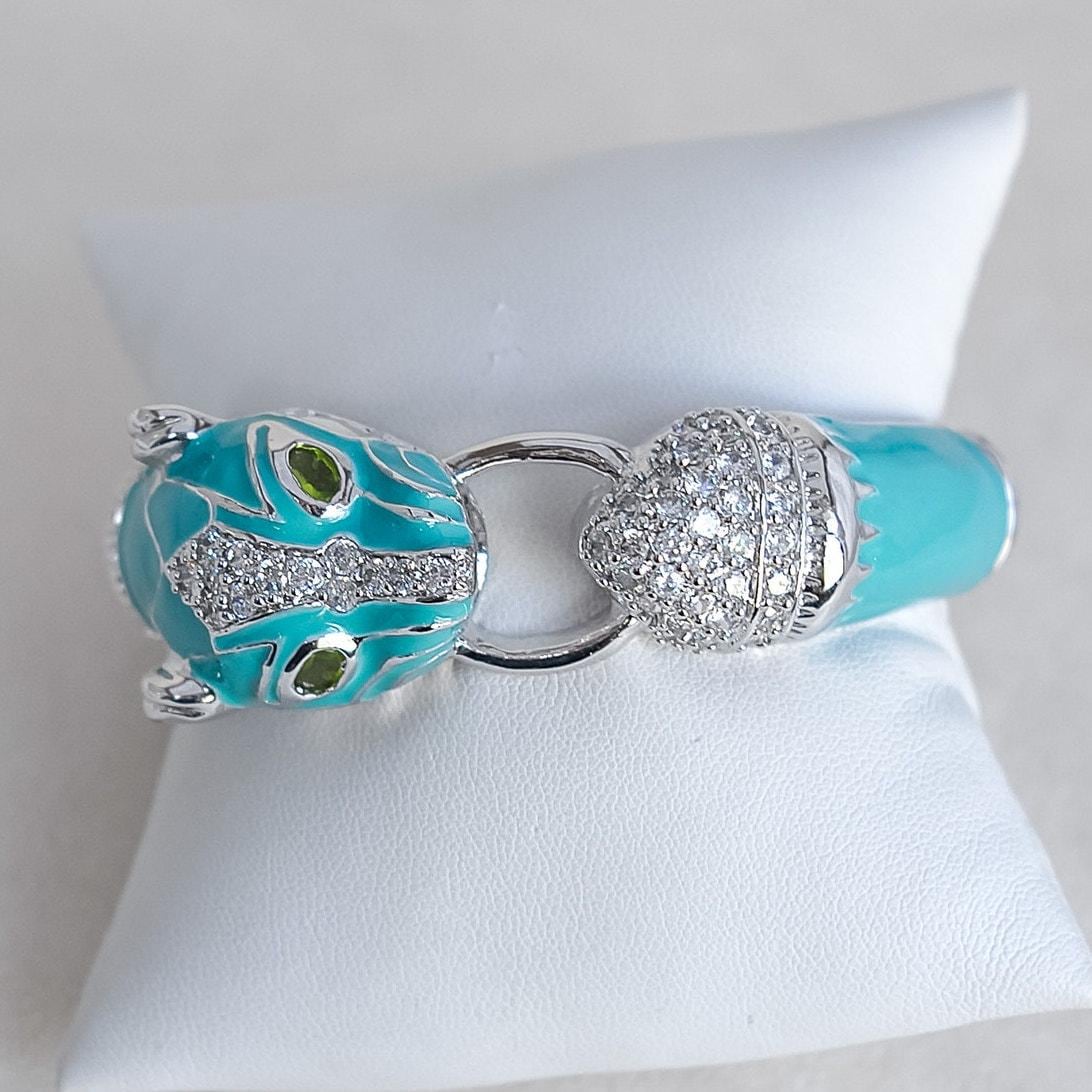 Vintage NOIR Panther Clamper Bracelet: Blue Enamel, Rhinestone