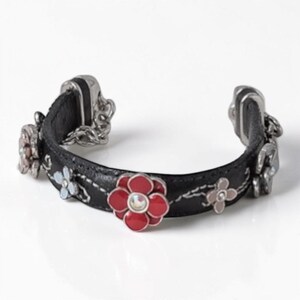 Vintage Brighton Rentner Schwarz Leder Blumen Ohrstecker Armband Selten 18-20 cm Bild 4