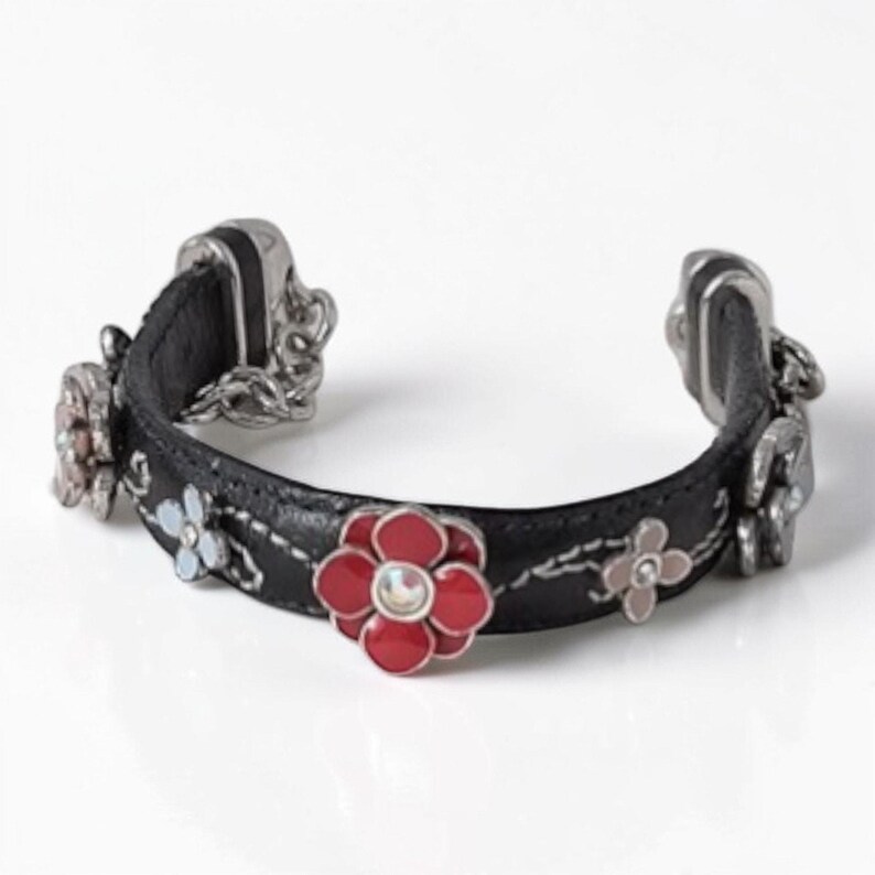 Vintage Brighton Rentner Schwarz Leder Blumen Ohrstecker Armband Selten 18-20 cm Bild 4